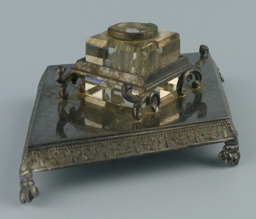 Victorian/Art Nouveau Metal & Crystal Inkwell