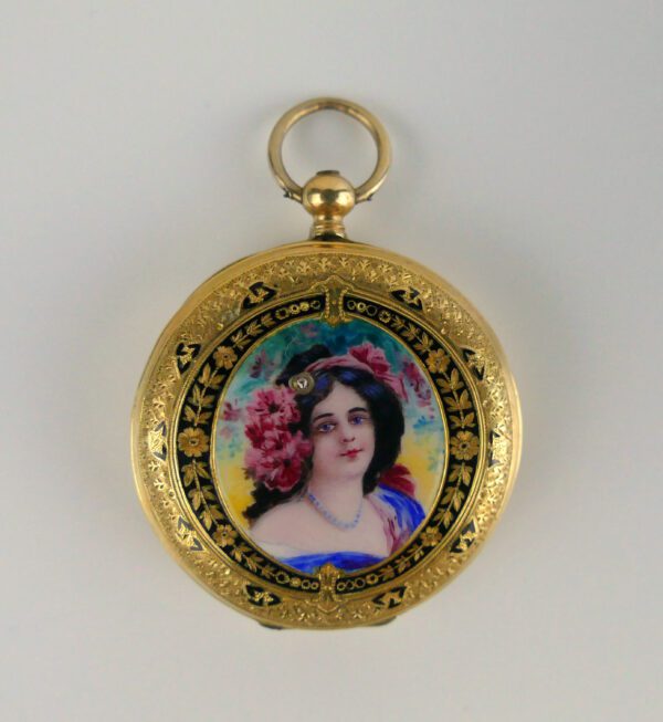18thC, Swiss, enamel portrait, solid gold, ladies’ pocket watch