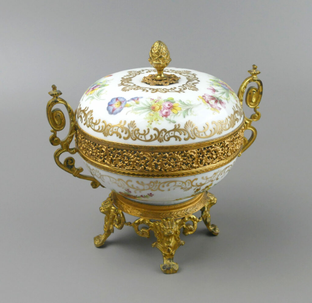 Antique Covered Porcelain Bowl with Gilt Bronze Mounts (Marked “Déposé”)